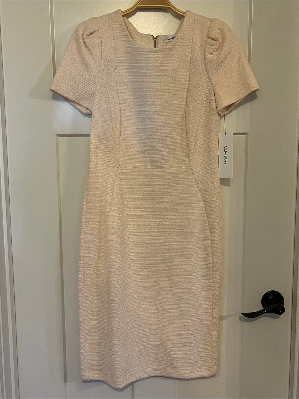 Calvin Klein Soft Cream Textured Puff-Sleeve Sheath Dress